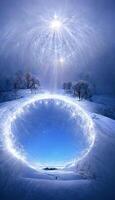 circular hole in the middle of a snow covered field. . photo