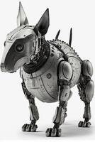 black and white photo of a robot dog. .