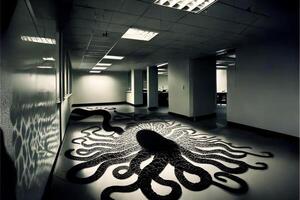 black and white photo of an octopus on the floor. .