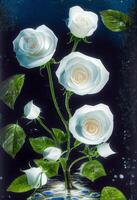 pintura de Tres blanco rosas en un florero. generativo ai. foto