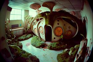 picture of a room that looks like a mushroom house. . photo