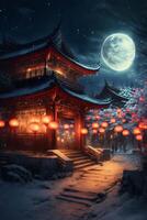 chinese temple at night with a full moon in the sky. . photo