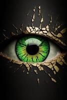 close up of a green eye on a black background. . photo