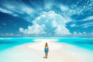 A girl walks on the white sand of a tropical island, rear view. photo