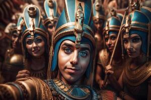 Egyptian Queen Cleopatra takes selfies with her subjects. photo