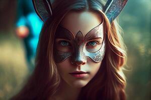 A young girl in an Easter bunny mask. photo