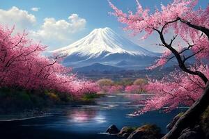 Spring, cherry blossoms, pink and white buds and cherry blossoms on the background of the mountain and river. Spring background. photo