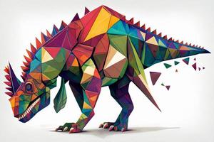 The dinosaur is drawn on a sheet of white paper in Low Poly style, in coloured triangles. Kid's drawing with crayons. photo