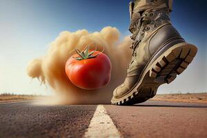 Military Shoe is crushing a tomato. photo