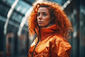 Portrait of a red-haired girl dressed fashionably in a bright orange jacket. Street style. photo