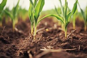 joven verde dispara, coles en un agrícola campo. maíz coles de cerca. generativo ai foto