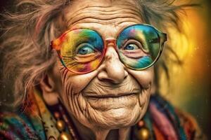 retrato de un antiguo sonriente abuela vistiendo Gafas de sol. el juventud de el alma. generativo ai foto