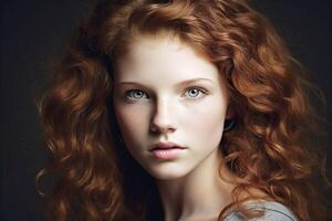 Portrait of a young attractive girl with curly long dark hair. photo