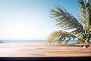 un de madera mesa con un palma árbol en contra el antecedentes de el mar. tropical antecedentes. generativo ai foto