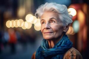 mayor sonriente mujer, abuela con gris pelo en un ciudad calle. retrato. generativo ai foto