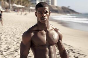 un joven americano de piel oscura hombre con un atlético construir en el playa. generativo ai foto