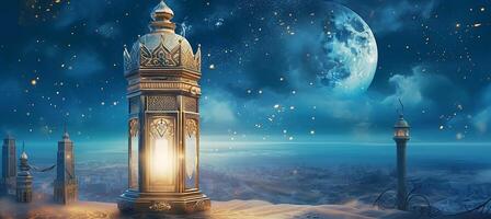 Muslim month of Ramadan Kareem, Muslim lamp in the background of the night tale. photo
