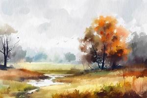 Autumn landscape painted with watercolors on textured paper. Digital Watercolor Painting photo