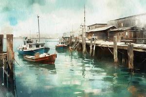 Harbor, retro harbor with boats and pier, seascape painted with watercolors on textured paper. Digital Watercolor Painting photo