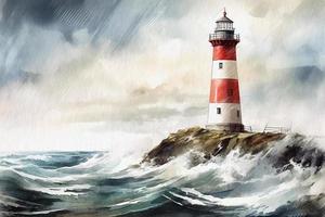 Lighthouse during a storm, seascape painted with watercolors on textured paper. Digital Watercolor Painting photo