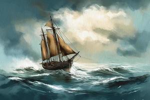 Storm, lonely sailing ship on huge waves, seascape painted with watercolors on textured paper. Digital Watercolor Painting photo