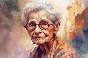 Elderly woman in glasses, aristocrat, portrait painted with watercolors on textured paper. Digital Watercolor Painting photo