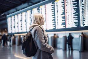 A girl looks at the board with the schedule of departures of passenger transport at the railway station. photo