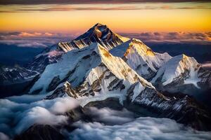 Dawn in the mountains above the clouds, Mount Everest. Mountain landscape. photo