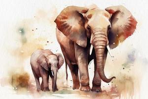 Elephant, big elephant and little elephant walking, painting painted in watercolor on textured paper. Digital watercolor painting photo