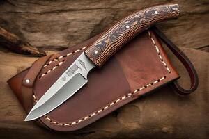 Knife with wooden handle, leather sheath on wooden surface. Design. photo