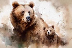 Two bears large and small, a bear with a cub painted in watercolor on textured paper. Digital watercolor painting photo