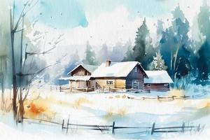 Landscape snowy cold winter with houses under the snow in the woods, painting painted in watercolor on textured paper. Digital watercolor painting photo