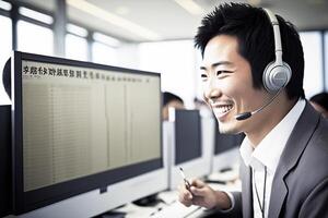 El japones hombre es sonriente, sentado a su escritorio vistiendo un auriculares. trabajando en un llamada centro. generativo ai. foto