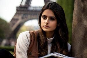 un indio niña estudiante leyendo un libro en contra el fondo de el eiffel torre en París. generativo ai foto