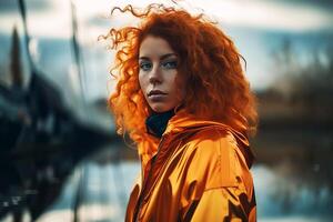 Portrait of a red-haired girl dressed fashionably in a bright orange jacket. Street style. photo