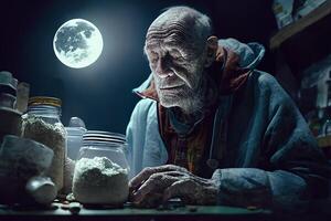 Old man shaman, sorcerer against the background of the night sky with the moon and a jar of pills. photo
