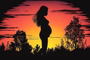 Silhouette of a pregnant woman against the background of the sunset. photo
