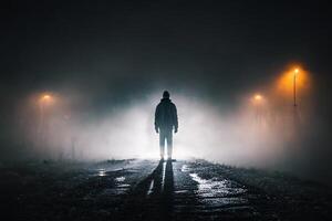 un hombre caminando en el niebla en el la carretera. brumoso noche. generativo ai foto
