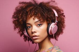 de piel oscura africano niña con negro Rizado cabello, vistiendo rosado auriculares en un rosado antecedentes. generativo ai foto