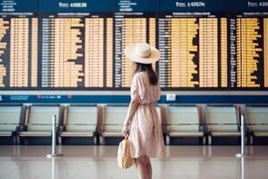 A girl looks at the board with the schedule of departures of passenger transport at the railway station. photo