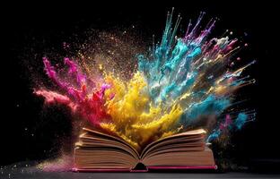 un abierto libro y un explosión de vistoso colores. el libro de conocimiento. generativo ai foto