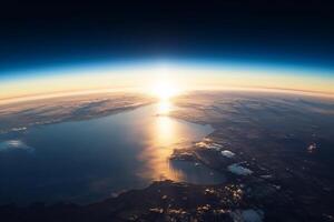 planeta tierra con atardecer, ver desde el espacio estación. antecedentes. generativo ai foto