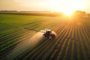 Agricultural field, the tractor cultivates crops, the view from above. photo