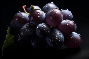 oscuro rojo uvas, manojo de uvas cubierto con agua gotas. uva antecedentes. generativo ai foto