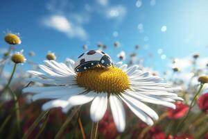 A ladybug is sitting on a daisy flower. photo