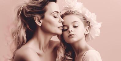 Family Portrait of a smiling mother with her daughter in pink in the studio. photo