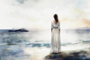 Girl in white long dress looking out to sea, back view, painting painted in watercolor on textured paper. Digital watercolor painting photo