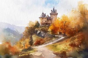 Autumn Castle, landscape painted with watercolors on textured paper. Digital Watercolor Painting photo