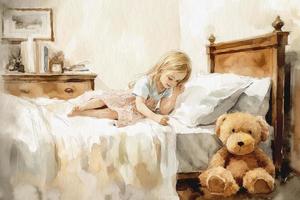 A little girl and a teddy bear in a child's room, a watercolor painting on textured paper. Digital watercolor painting photo