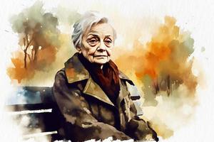 Single elderly woman on park bench, watercolor painting on textured paper. Digital watercolor painting photo